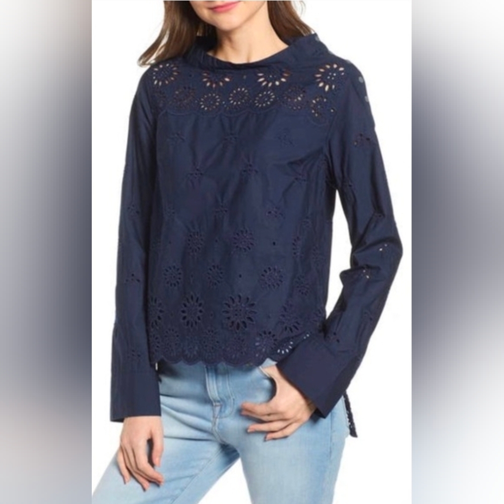 ​J. Crew Navy Blue Eyelet Long Sleeve Top - Size 0